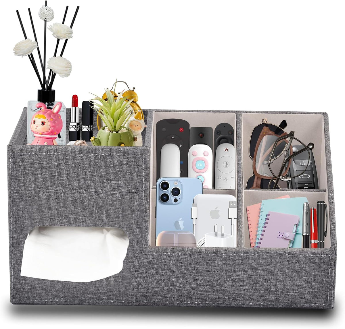 Plus Size Tissue Box Cover-Square Linen Tissue Cover with Side Storage and Tr...