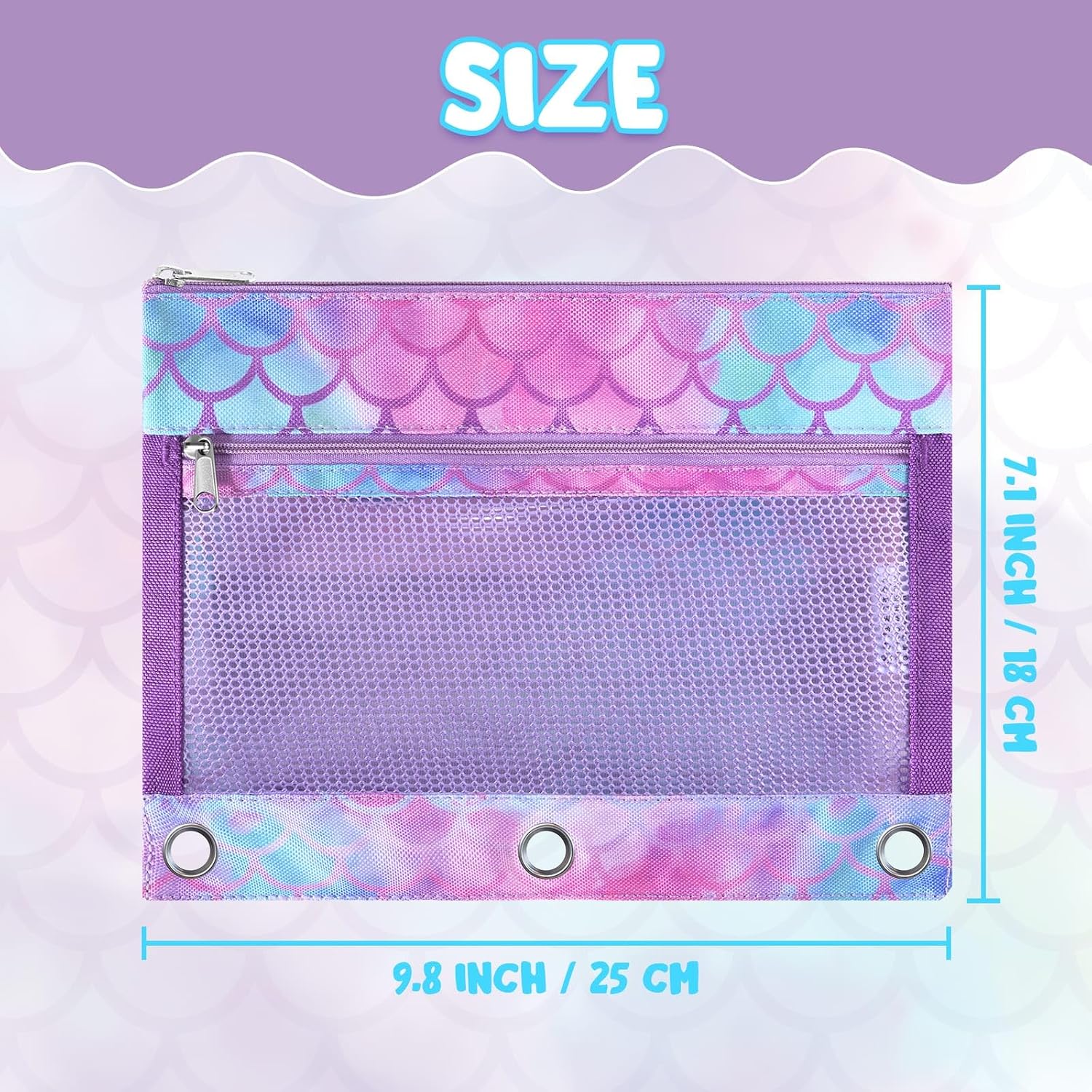 WAWSAM Mermaid Pencil Pouch for 3 Ring Binder, Zipper Pencil Pouch for Girl | 2 Pocket Clear Window Pencil Case, 3 Ring Pencil Pouch for School Supplies, Pencil Bags for Office College