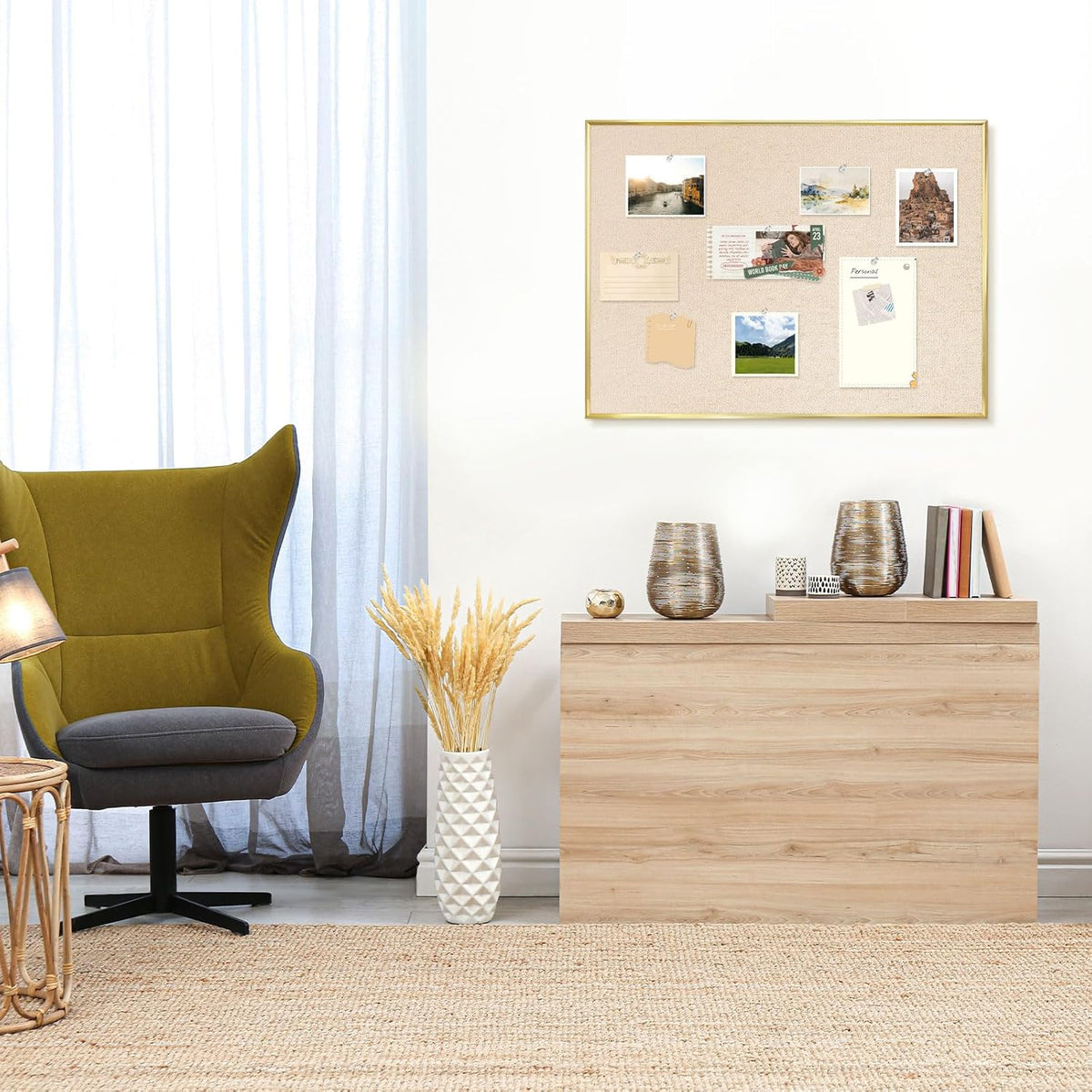 DOLLAR BOSS Linen Bulletin Board, 24'' x 18'', Golden Frame, ...
