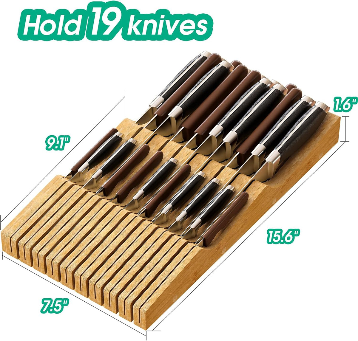 Bamboo Knife Drawer Organizer, In-Drawer Block Holds 19 Kitchen Knives