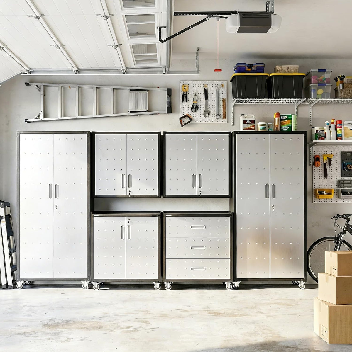 garage cabinet system | heavy duty steel all-in-one, front angle view