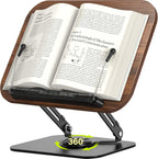 Adjustable Book Stand for Reading – Durable Build Quality, 360° Rotating Base, Stable Book Holder for Study, Kitchen, or Office, Relieves Neck Strain, (Dark Wood)