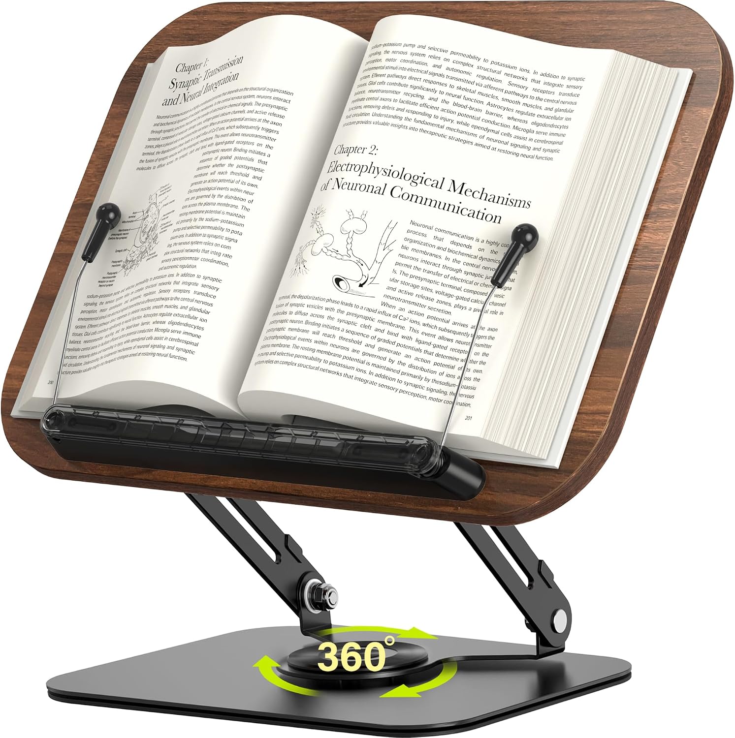 Adjustable Book Stand for Reading – Durable Build Quality, 360° Rotating Base, Stable Book Holder for Study, Kitchen, or Office, Relieves Neck Strain, (Dark Wood)