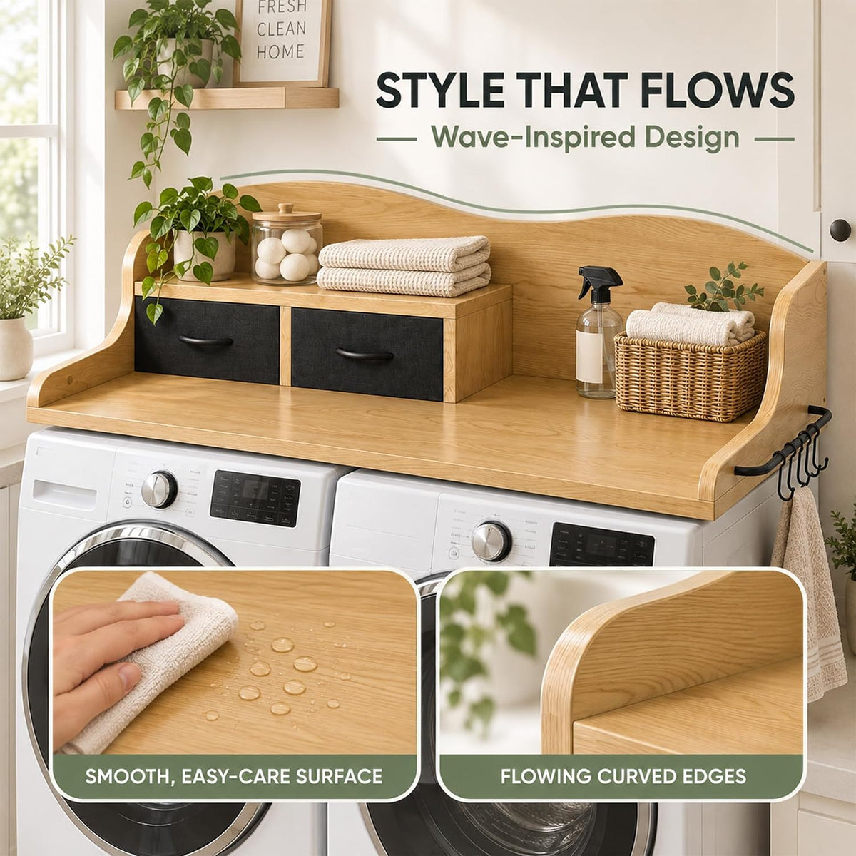 2-Tier Washer Dryer Countertop, Laundry Room Organizer with Drawers & Sid...