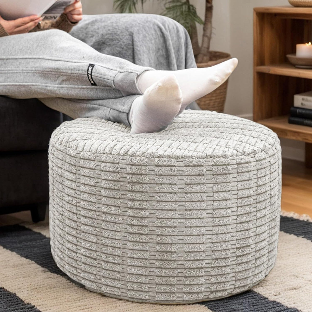 asuprui round ottoman pouf foot stool, light gray, main product view