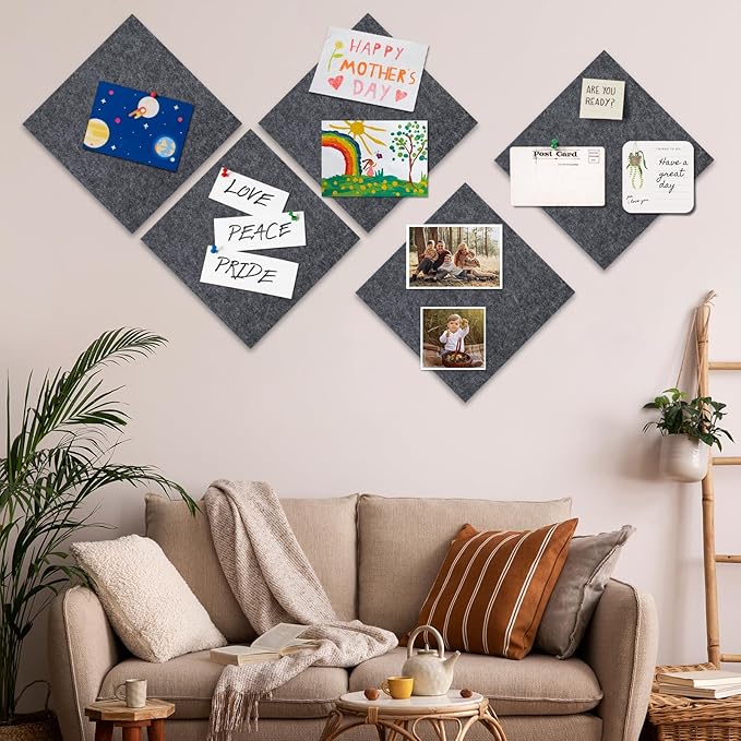 Bouiexye Felt Cork Board Tiles 6 Pack Grey Bulletin Boards 12"x12" - Image 6