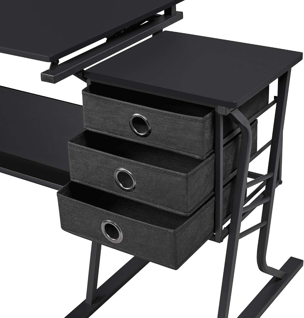 Yaheetech Tilting Drafting Table Art Craft Desk with Stool, Drawers, Black | Steel frame and MDF top adjusts 0-40° for drawing or diamond painting; 3 drawers and shelf organize supplies in small spaces.
