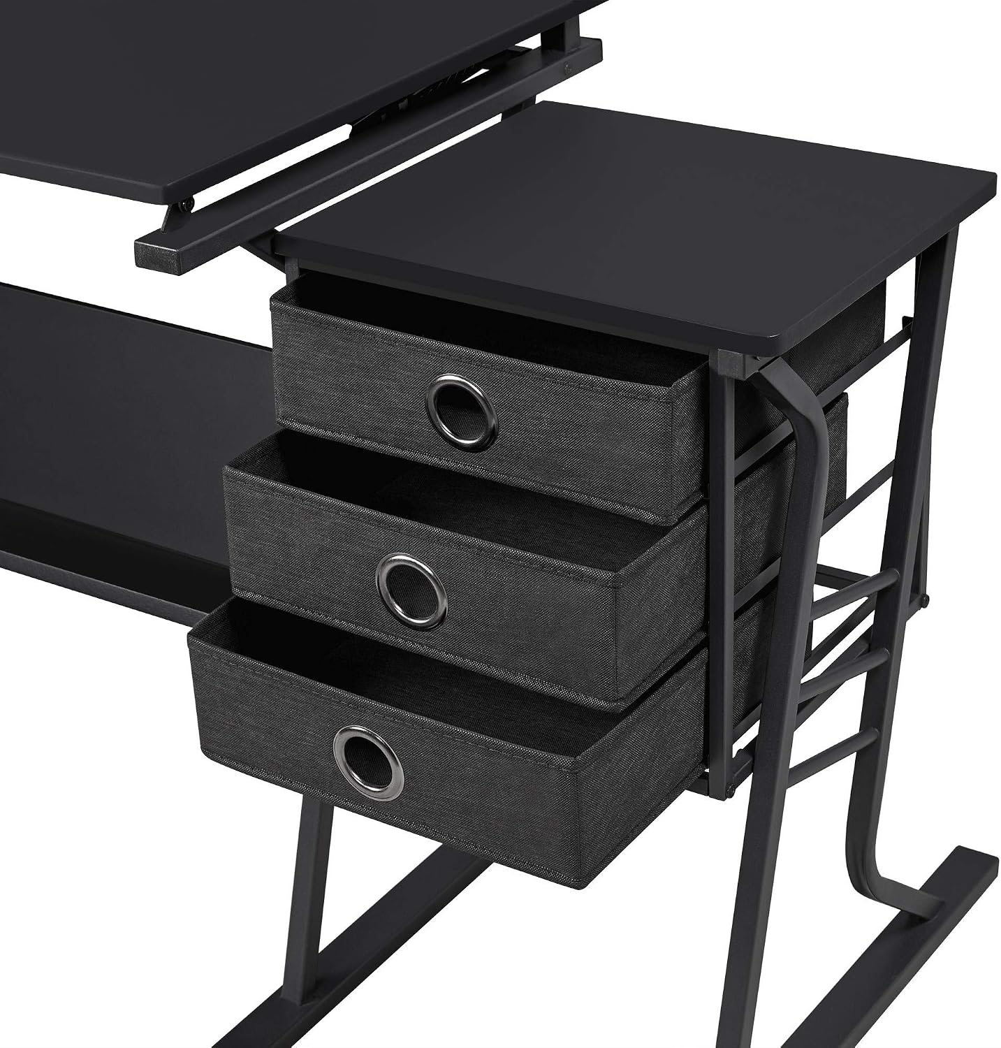 Yaheetech Tilting Drafting Table Art Craft Desk with Stool, Drawers, Black | Steel frame and MDF top adjusts 0-40° for drawing or diamond painting; 3 drawers and shelf organize supplies in small spaces.