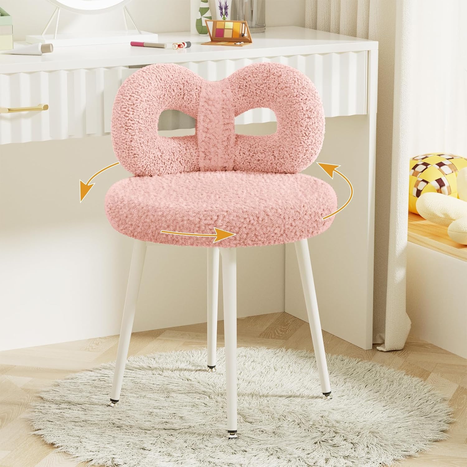 ROOMTEC Swivel Vanity Chair with Back, Upholstered Desk Chair for Girls, Modern Makeup Vanity for Bedroom, Living Room (Pink)