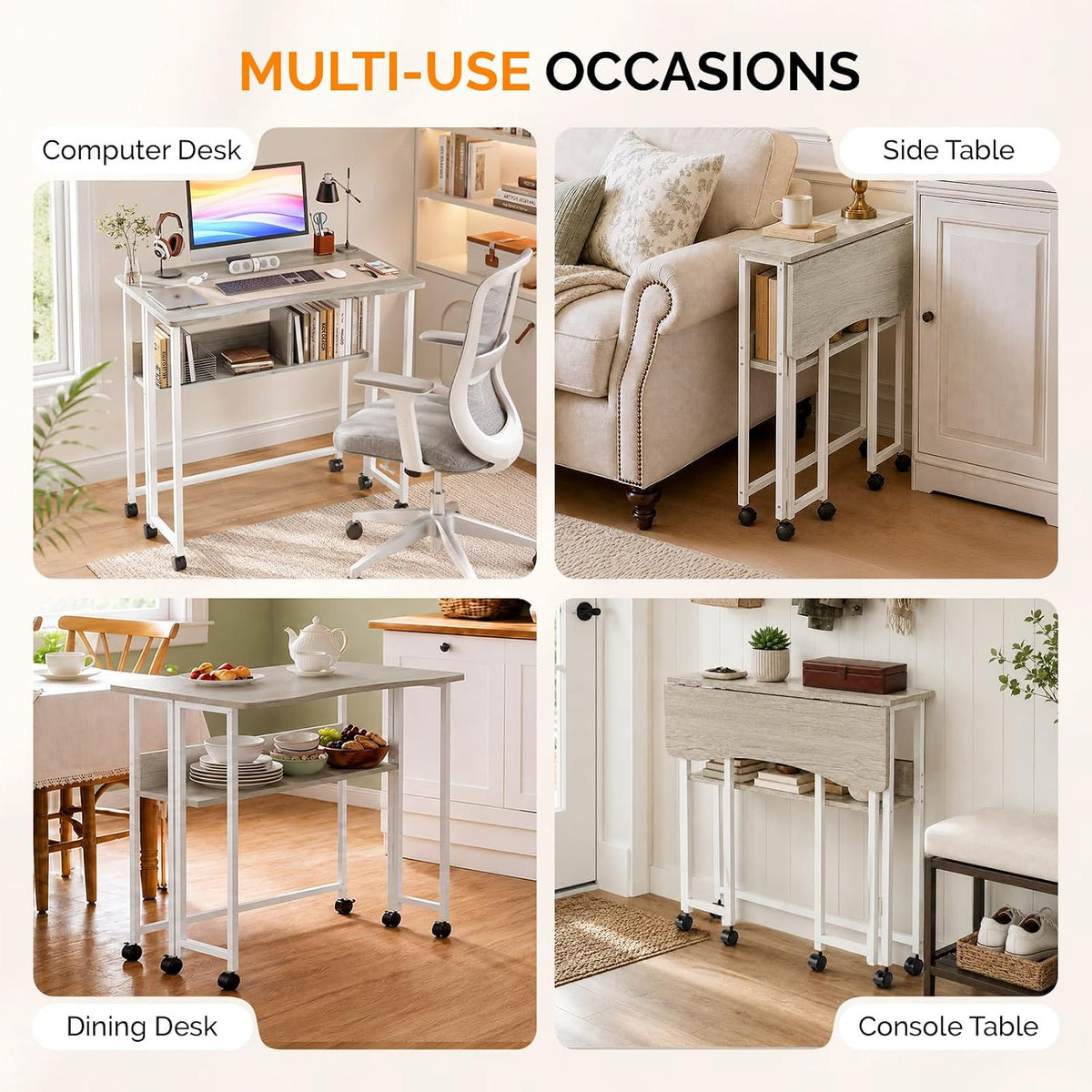 VINGLI 31.5 Inch Folding Computer Table, Small Rolling Desk with Storage Shel...