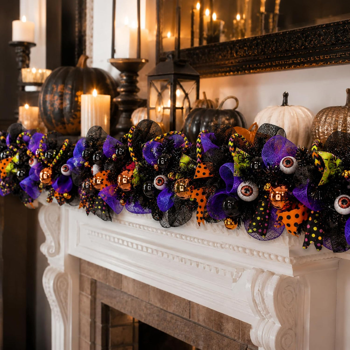 WinnerWhy Halloween Garland for Mantle with Mixed Ball Mesh Ribbon 6ft