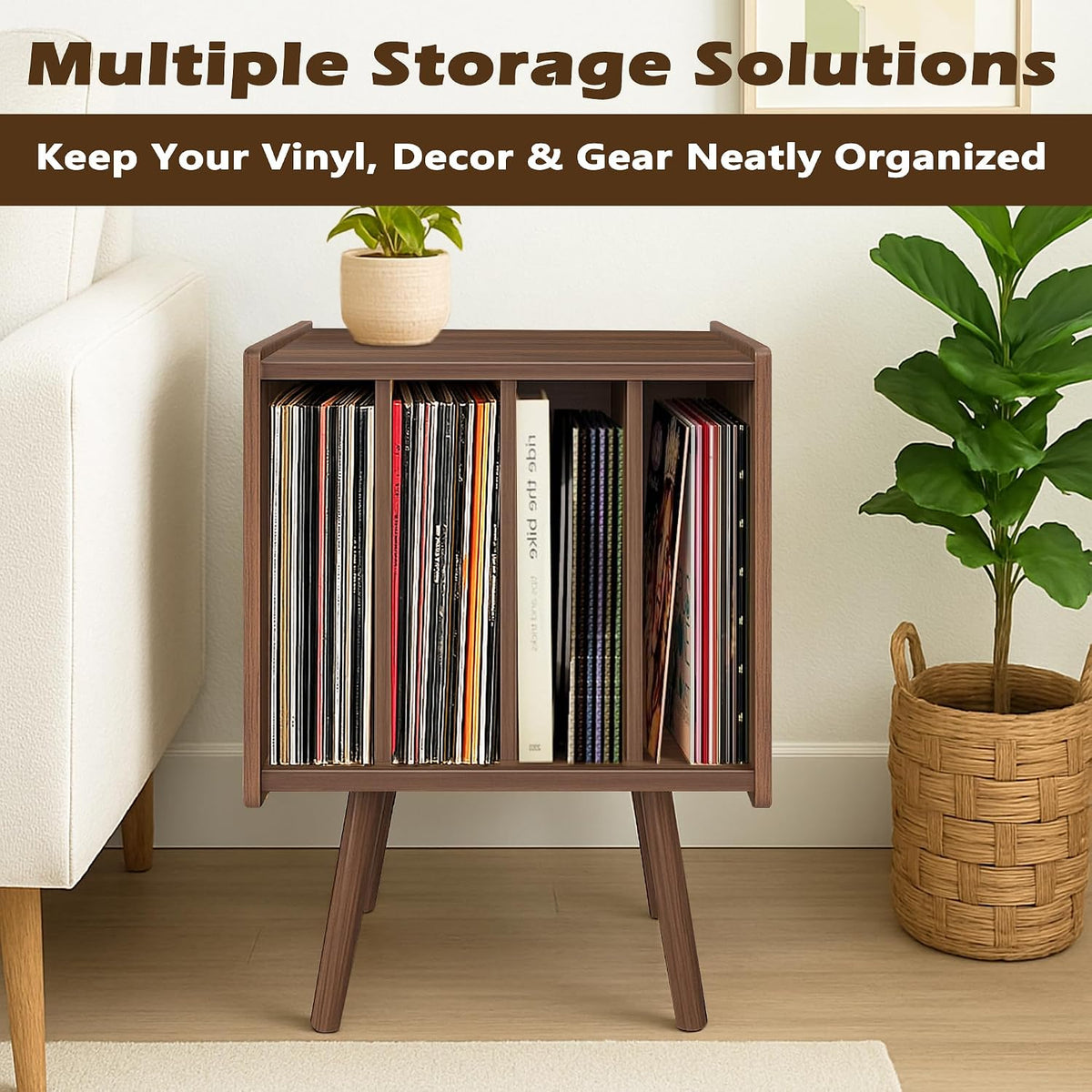 Record Player Stand, Vinyl Record Storage Table with 4 Cabinet, Mid Century M...