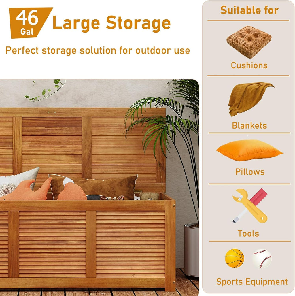 relax4life deck box acacia wood, 46 gallon backyard showing dimensions