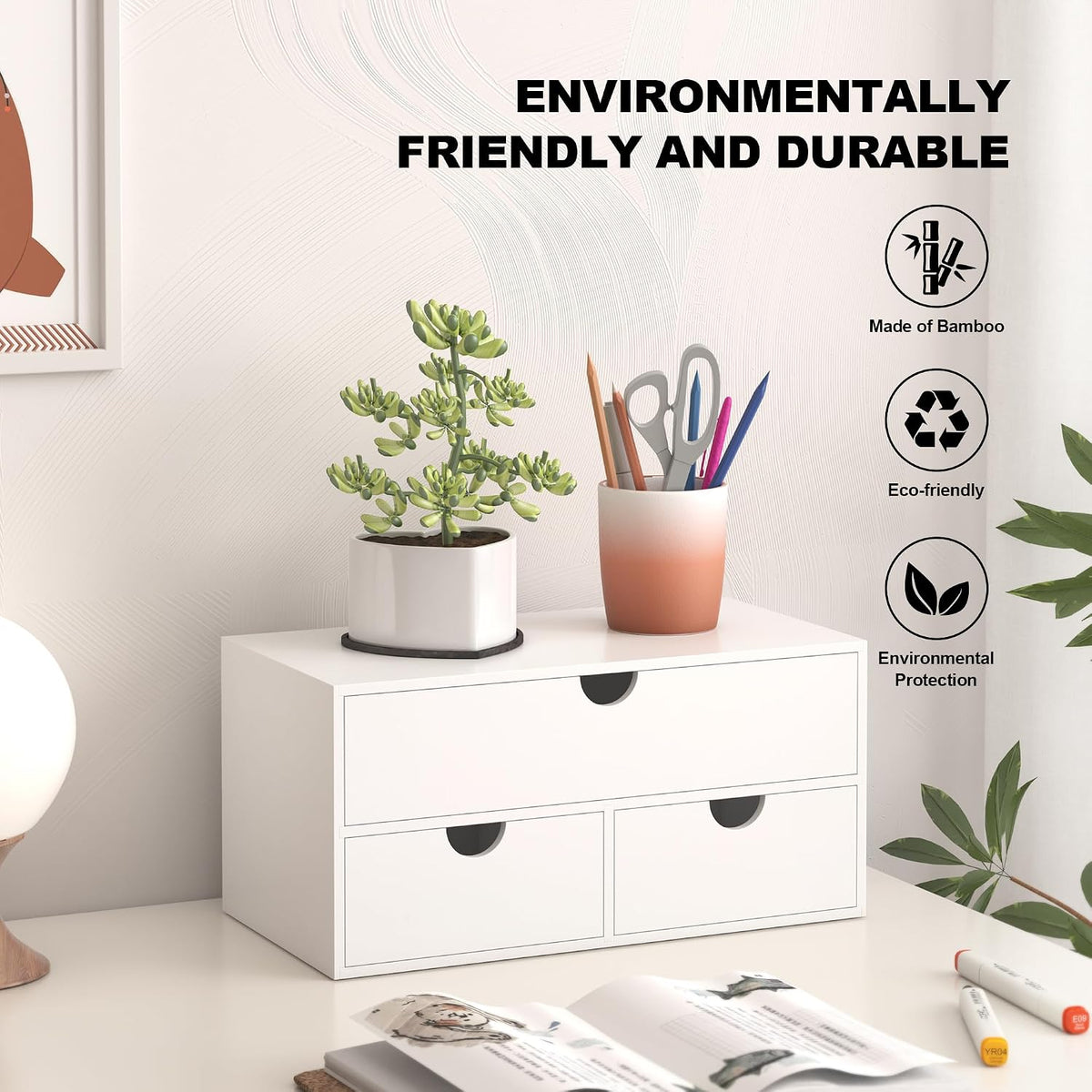 Bamboo Desk Organizer with Drawers Desktop Storage Drawers for Bills Office S...