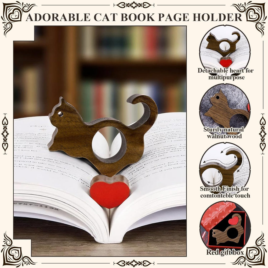 Cat Book Page Holder with Detachable Heart Gifts for Valentine's Day,Walnut Thumb Book Page Holders for Reading,Book Opener Holder Reading Accessories for Book Lovers with Gift Box (Large 0.94")
