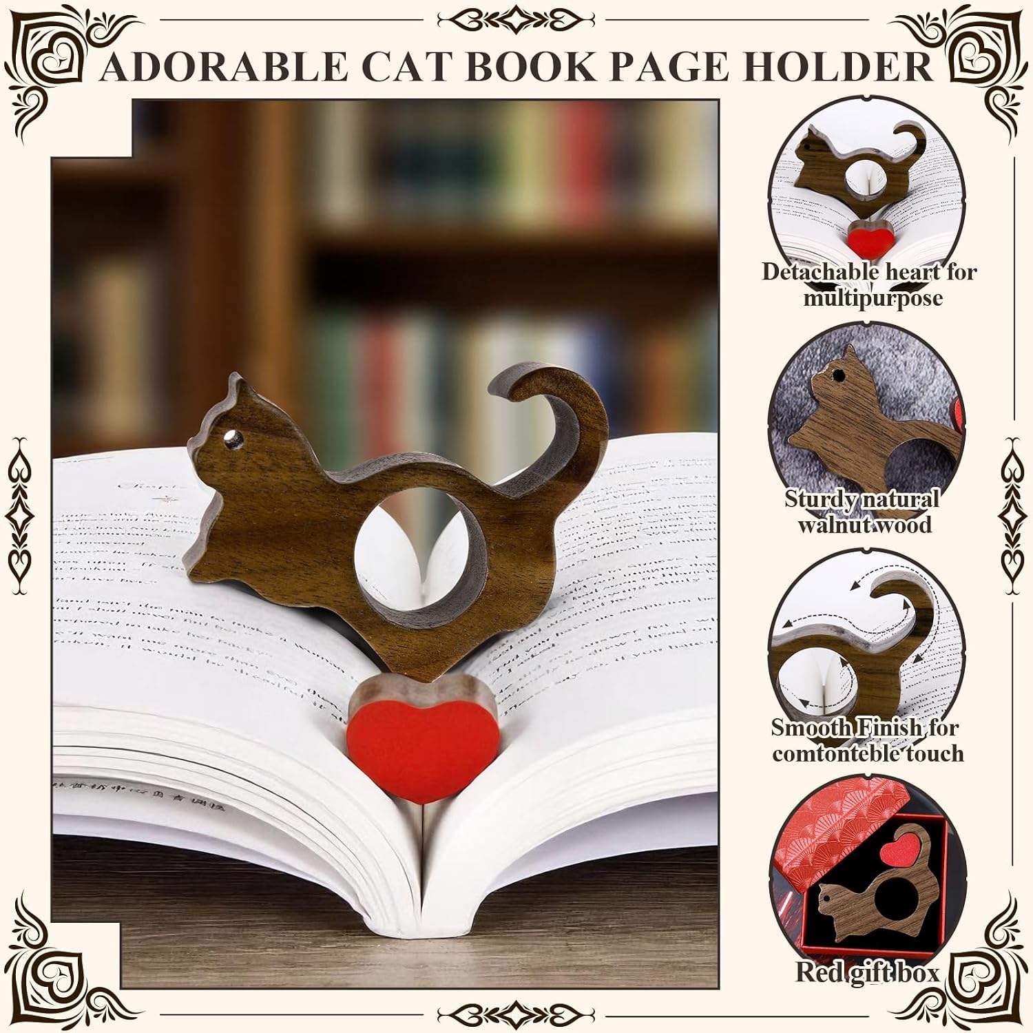 Cat Book Page Holder with Detachable Heart Gifts for Valentine's Day,Walnut Thumb Book Page Holders for Reading,Book Opener Holder Reading Accessories for Book Lovers with Gift Box (Large 0.94")