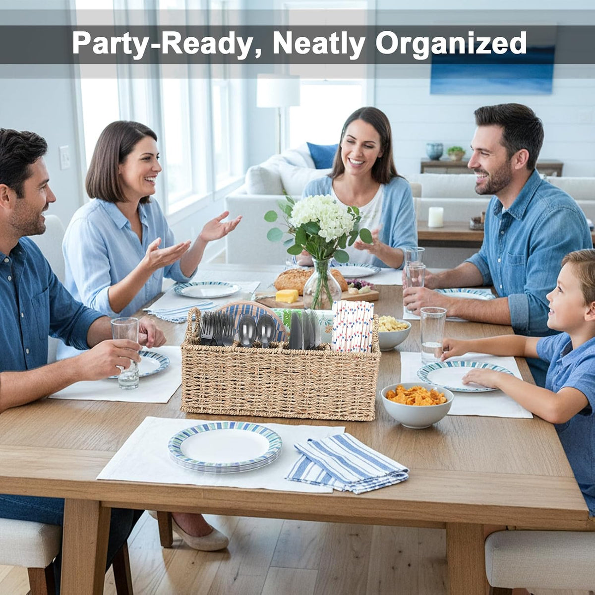 Wicker Party Silverware Caddy, Water Hyacinth Plastic Cutlery Utensil Holder,...