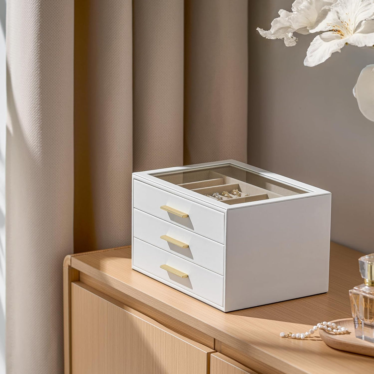 Jewelry Box Organizer Storage Case, 3-Layer with Glass Window, Pure White