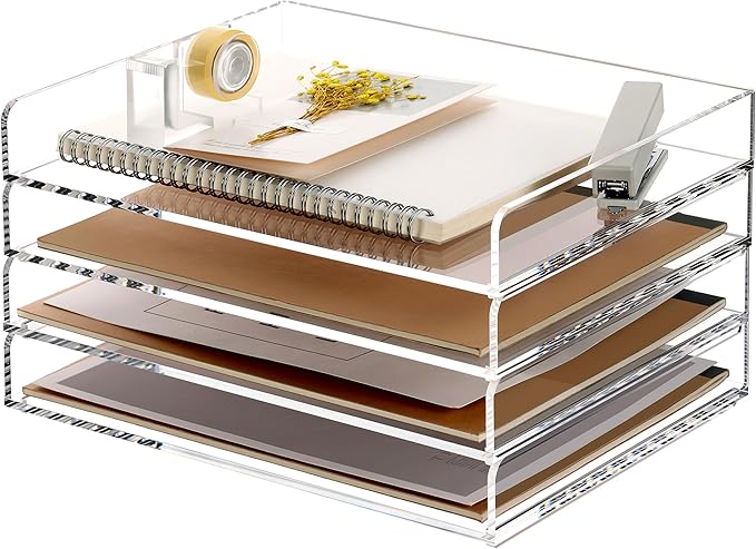 SANRUI 4 Tier Clear Desk Paper Letter Organizer Trays, A4 Stackable File by SANRUI