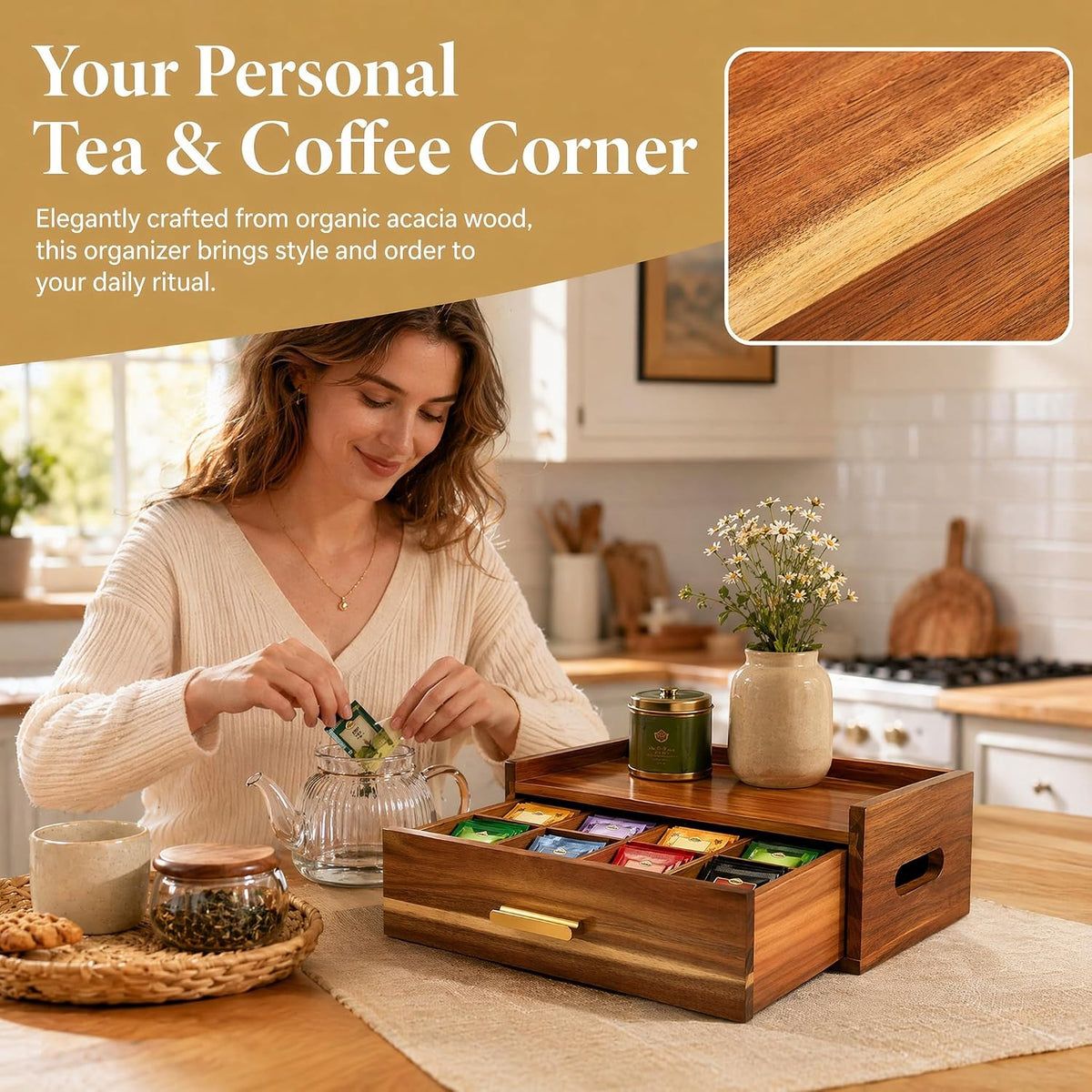 Acacia Wood Tea Bag Organizer 8 Compartment Storage Box & Organizer with ...