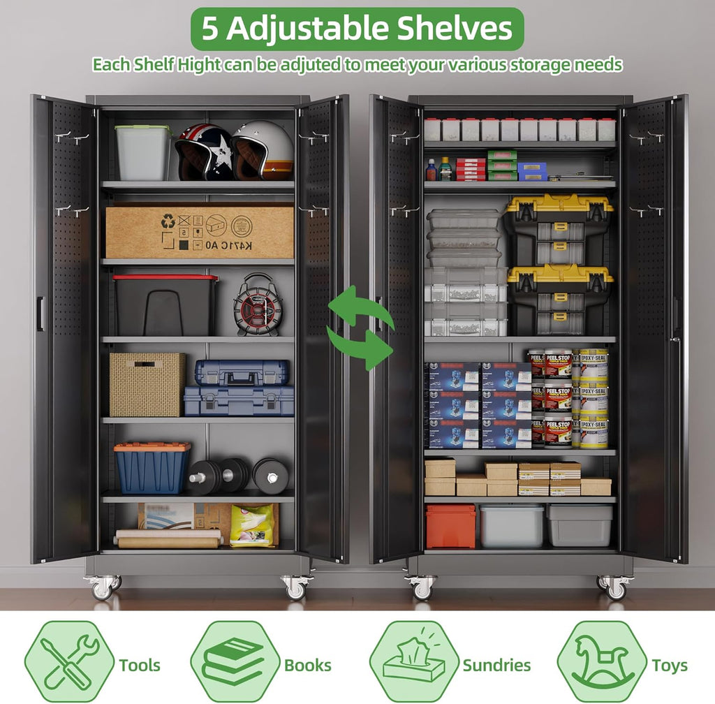 reemoon 5 adjustable 170 lb shelves, lockable doors showing dimensions
