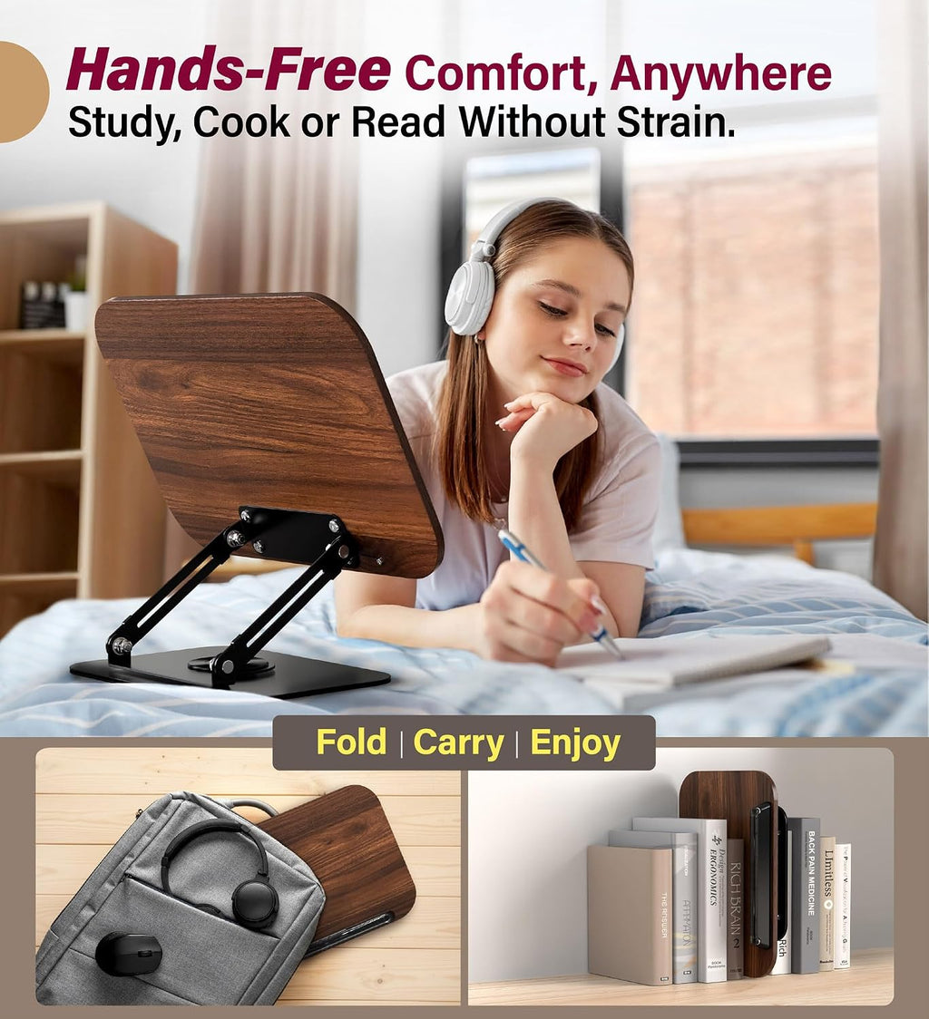 Adjustable Book Stand for Reading – Durable Build Quality, 360° Rotating Base, Stable Book Holder for Study, Kitchen, or Office, Relieves Neck Strain, (Dark Wood)