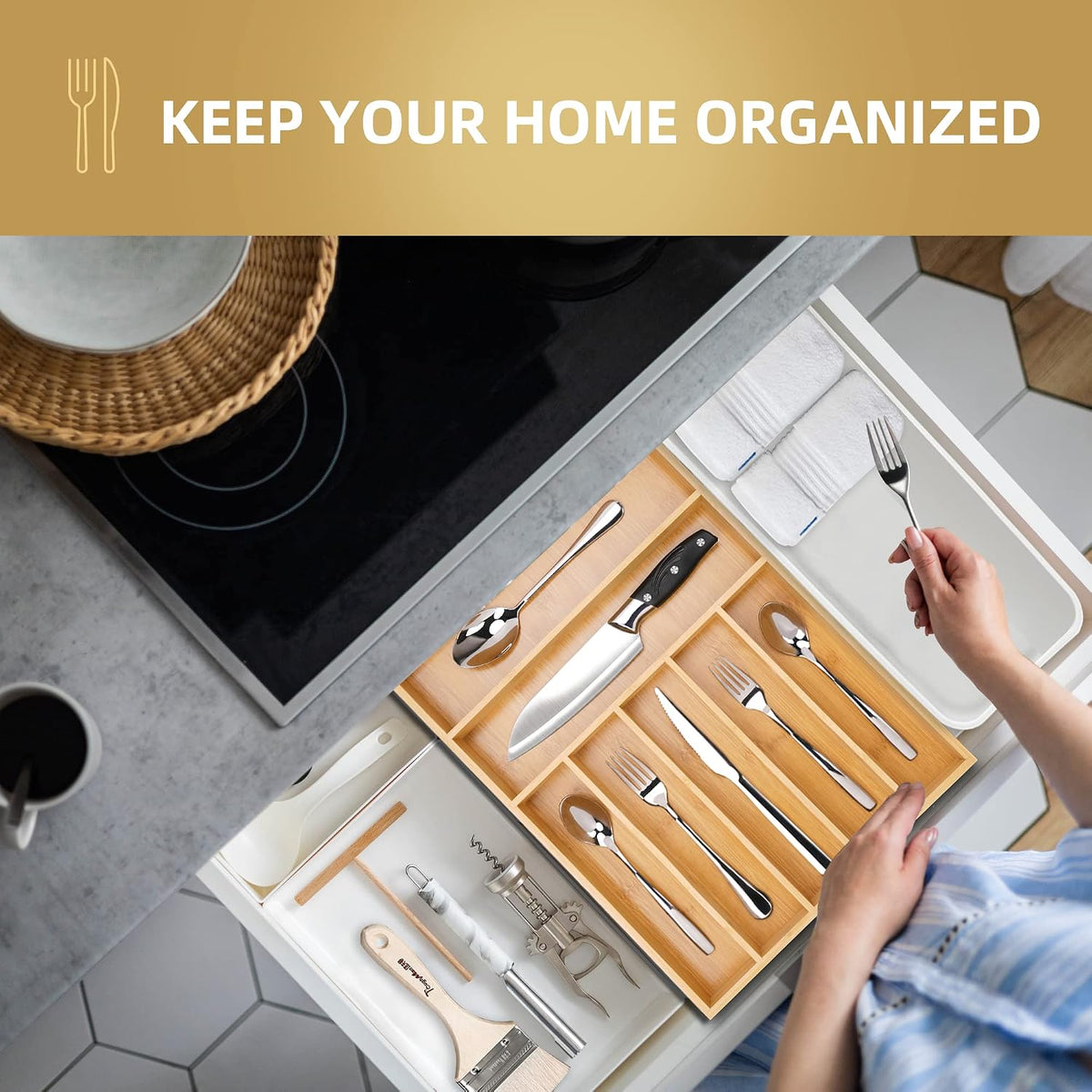 13" Bamboo Kitchen Drawer Organizer,7 Slots Silverware Cutlery Organizer