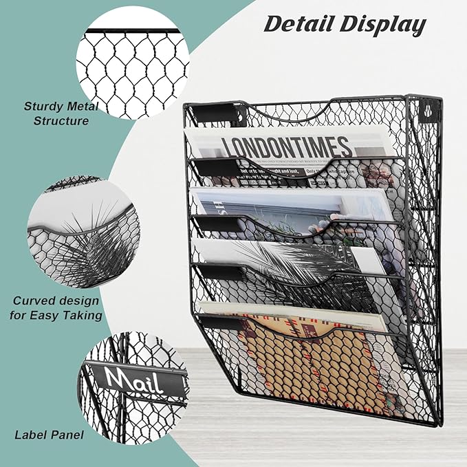 EASEPRES Mail Organizer Wall Mount, 5 Tier Metal Chicken Wire Hanging File - Image 3