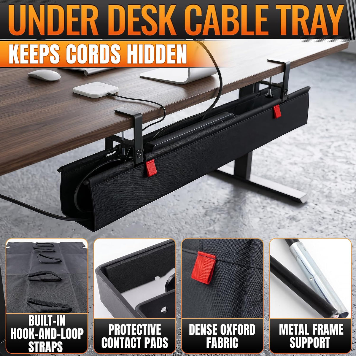 Under Desk Cable Management Tray 36" — No Drill Clamp-On Cord Organizer ...