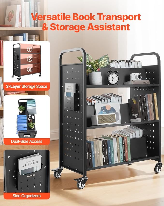 VEVOR Rolling Library Book Cart, 330 lbs Capacity, 38.2 x 20.3 x 48.2-Inch - Image 4