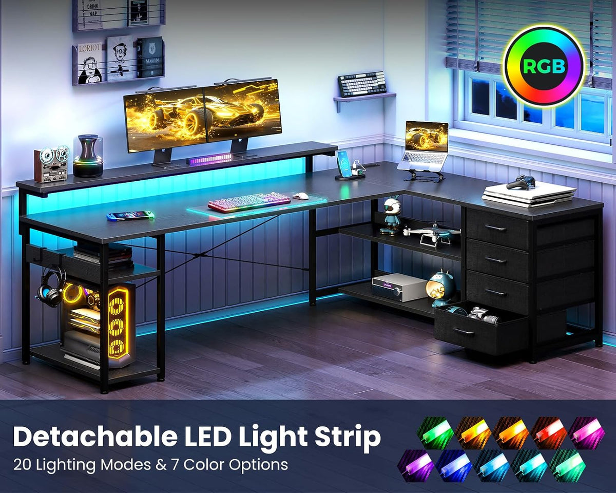 AODK 69" L Shaped Computer Desk with 4 Drawers, LED Lights, Black