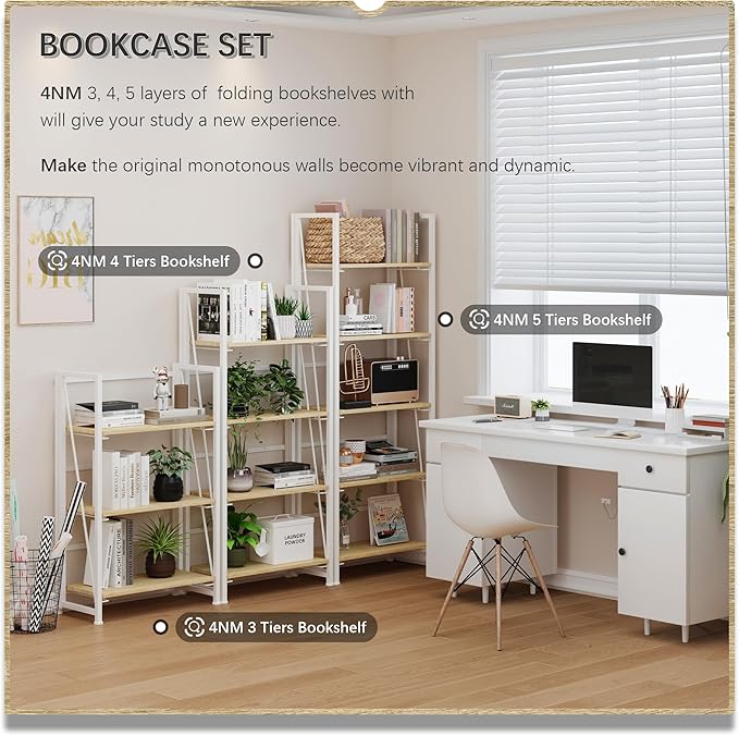 4NM No Assembly Folding Bookshelf Storage Shelves 3 Tiers Vintage Bookcase - Image 4