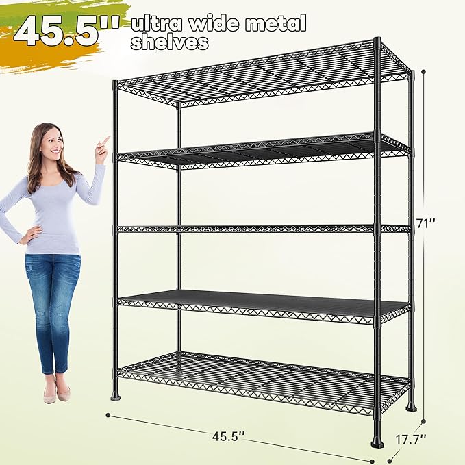 REIBII 45.5''W Storage Shelves Wire Shelving, 5 Tier Pantry Shelves - Image 3