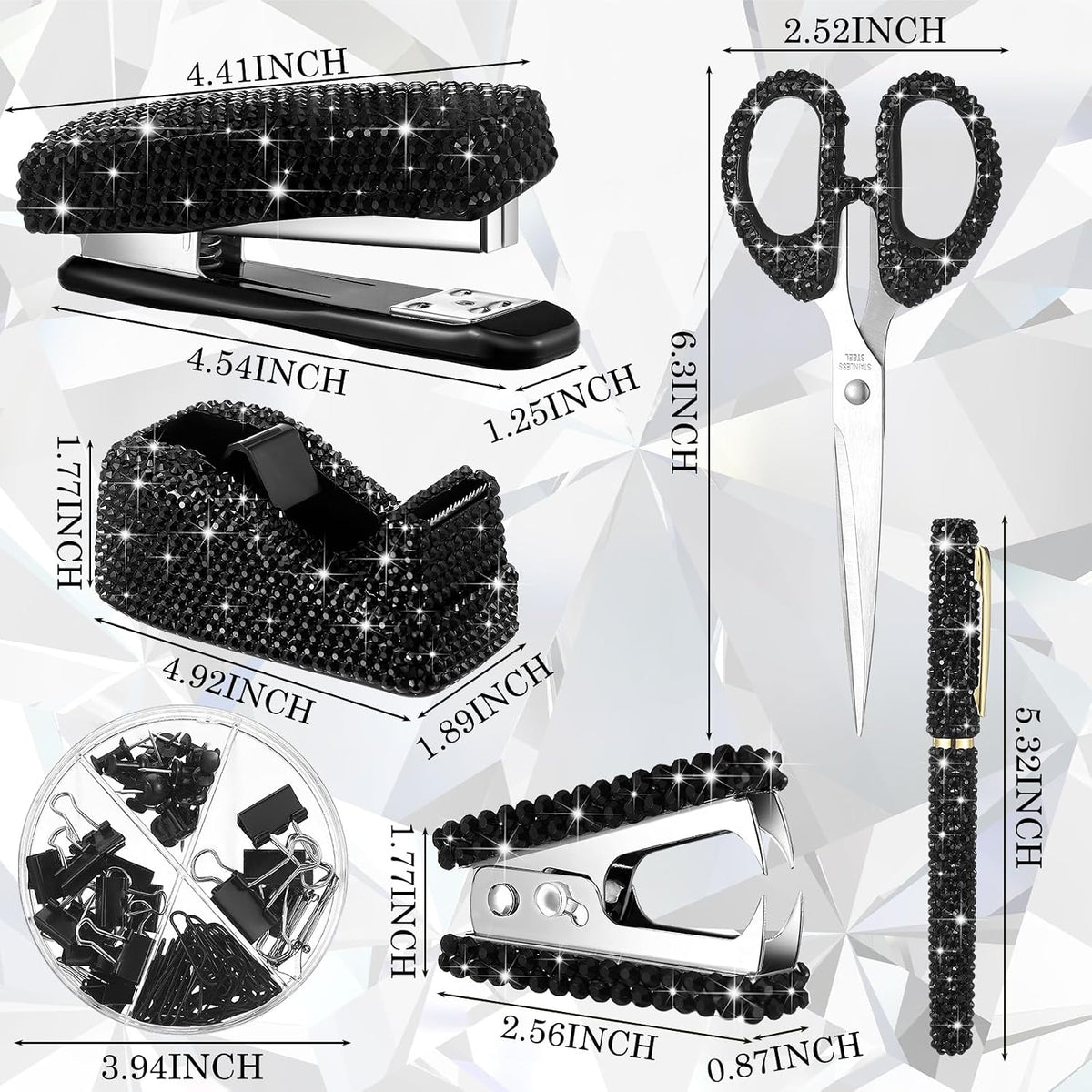 Demissle 6 Pcs Bling Office Desk Accessories Crystal Kit, Black