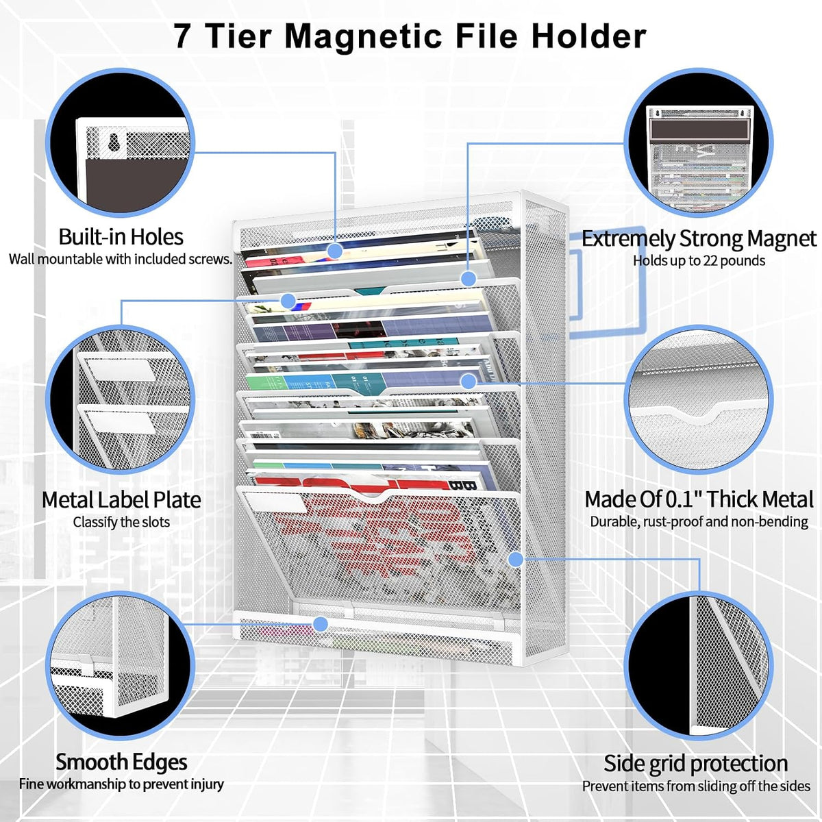7 Tier Magnetic File Holder, No Drilling Wall File Organizer for File Cabinet...