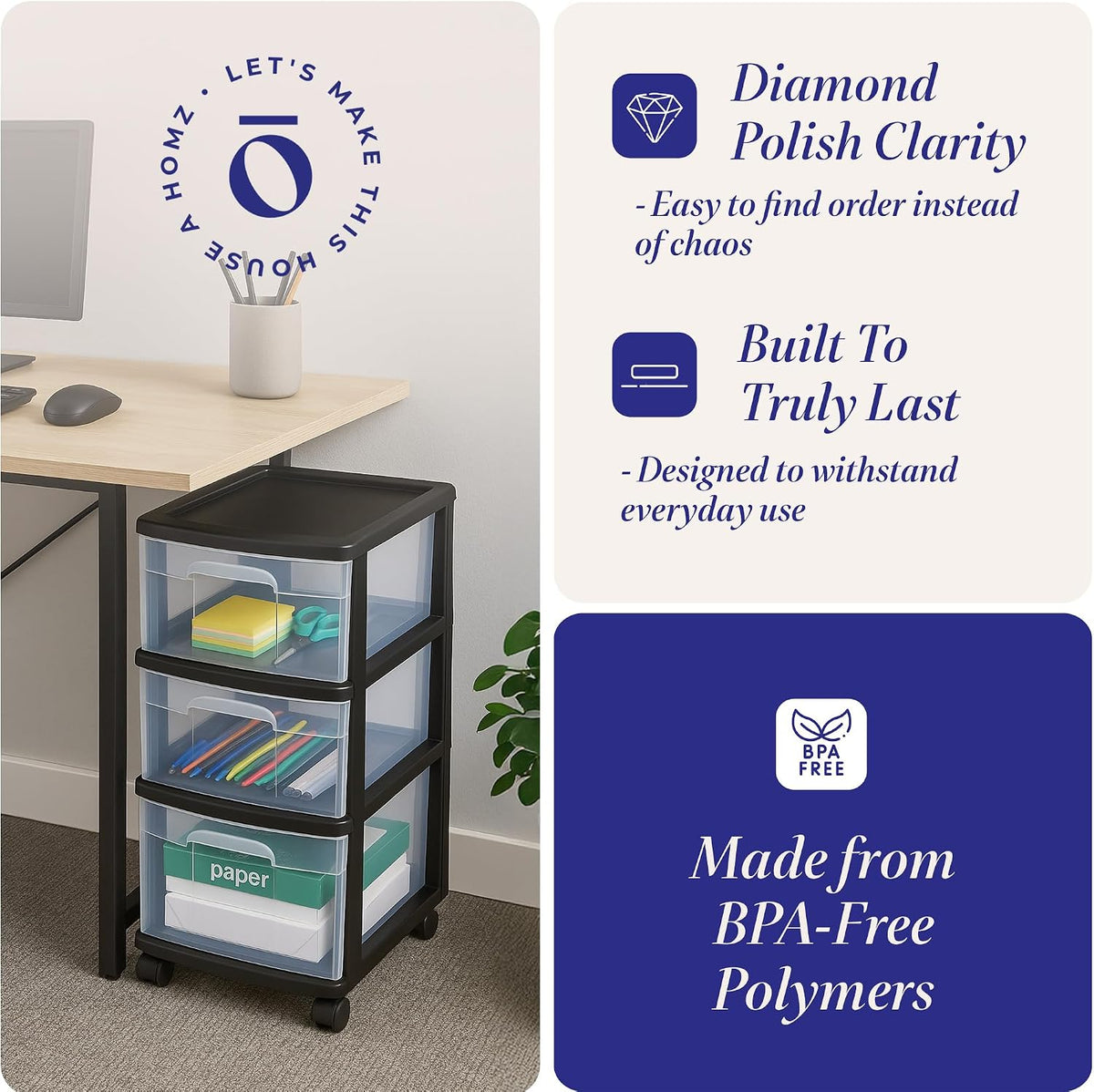 Homz 3 Drawer Plastic Storage Cart Organizer, Clear Drawers, Black Frame