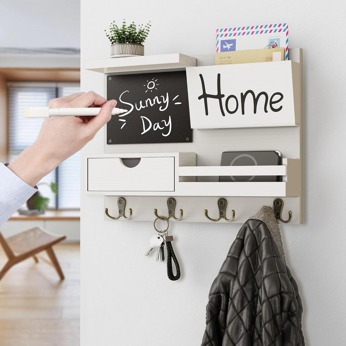 Farmhouse Key Holder for Wall with Mail Organizer - Easy Installation Wall Mo...