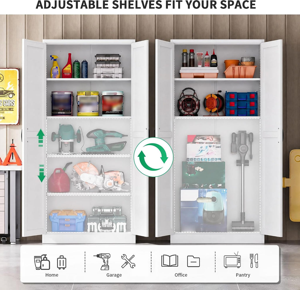 metal garage storage cabinet, durable metal storage solution showing dimensions