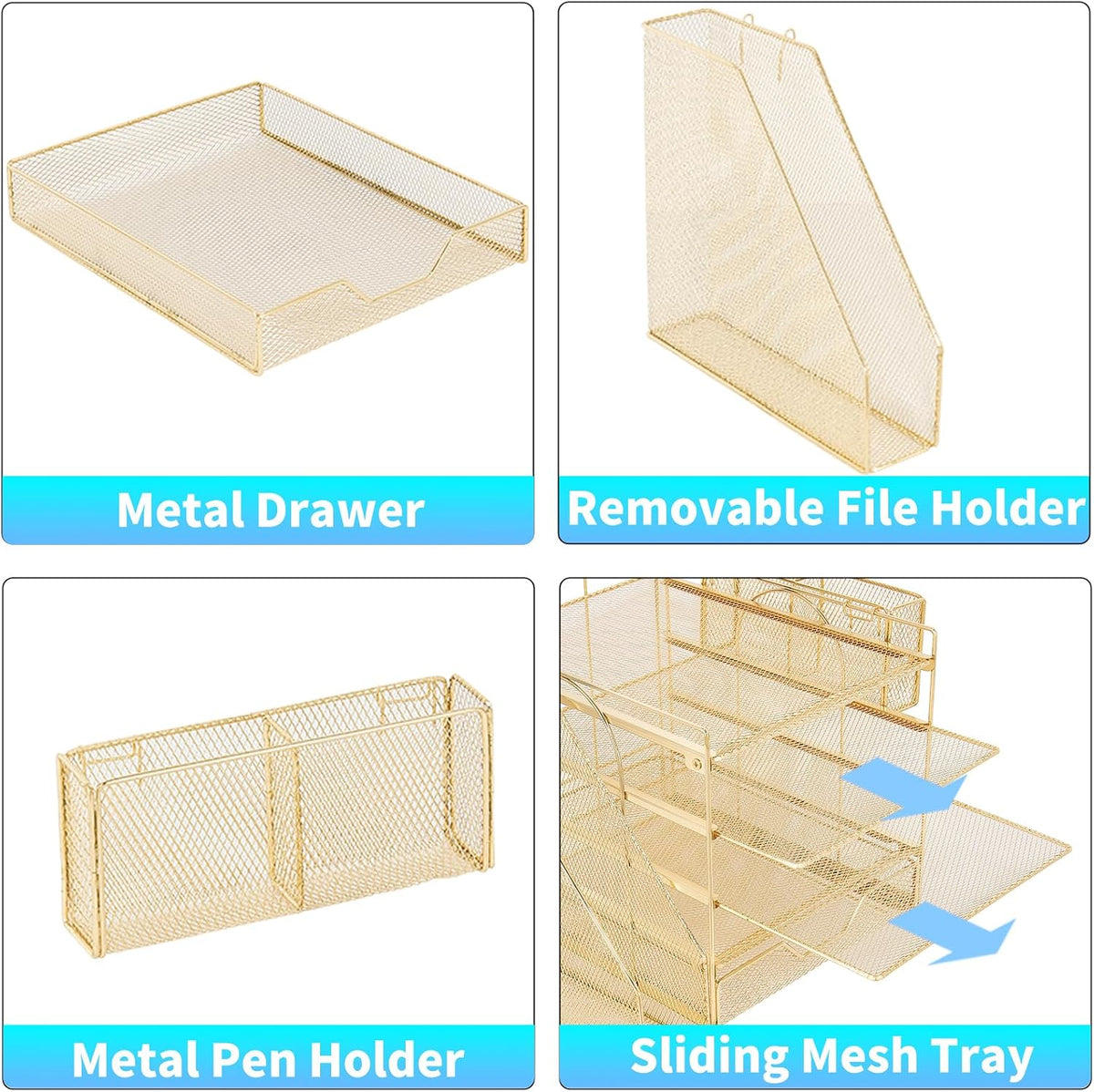5-tier desk file organizer with drawer & pen, close-up detail