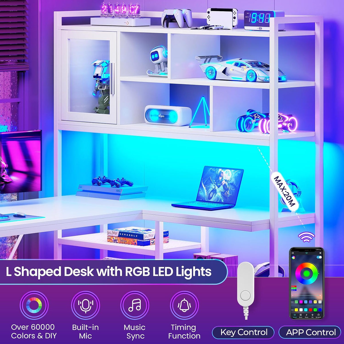 SEDETA L Shaped Computer Desk with Storage Shelves and Bookshelf, White