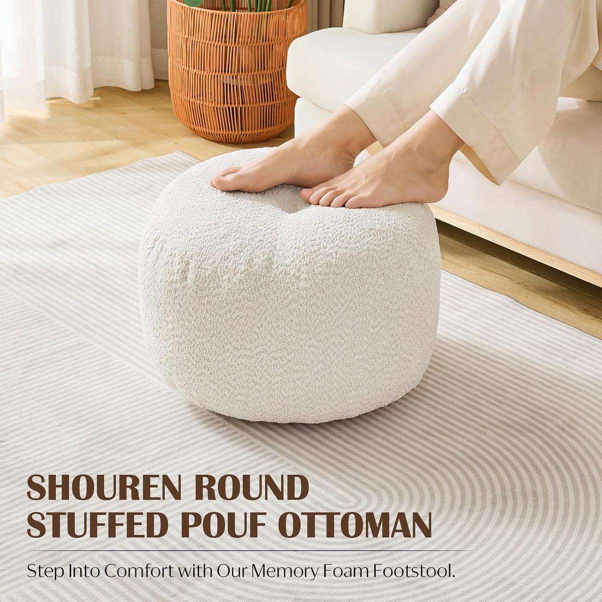 SHOUREN Stuffed Round Ottoman,Pouf Ottoman Foot Rest,18 X 14,White