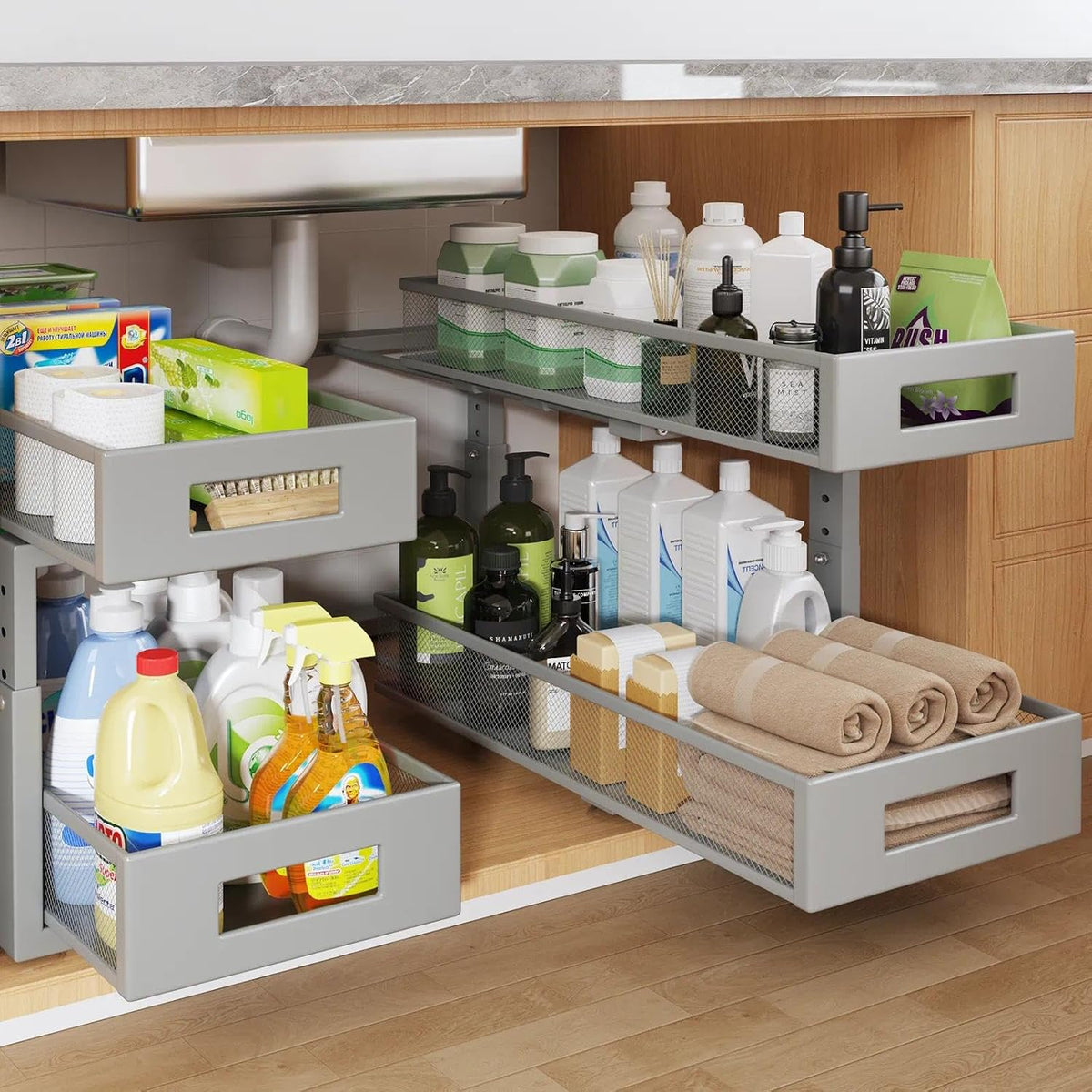 2 Packs 21IN Depth Under Sink Organizer, 2-Tier Pull Out Cabinet Organizer Wi...