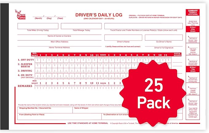 25 Pack Driver Daily Log Books for Truck Drivers by BuckUSA