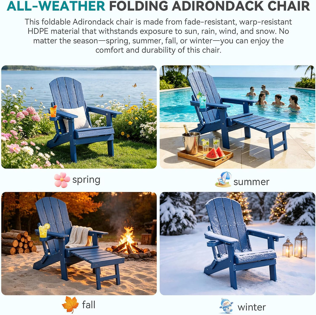 Folding Adjustable Adirondack Chair with Footrest, All-Weather HDPE Plastic C...
