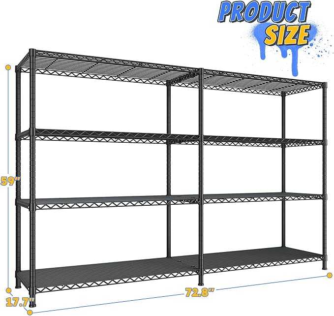 REIBII 72.8" W Storage Shelves Load 1500LBS, 4 Tier Metal Shelving Unit Wire - Image 3