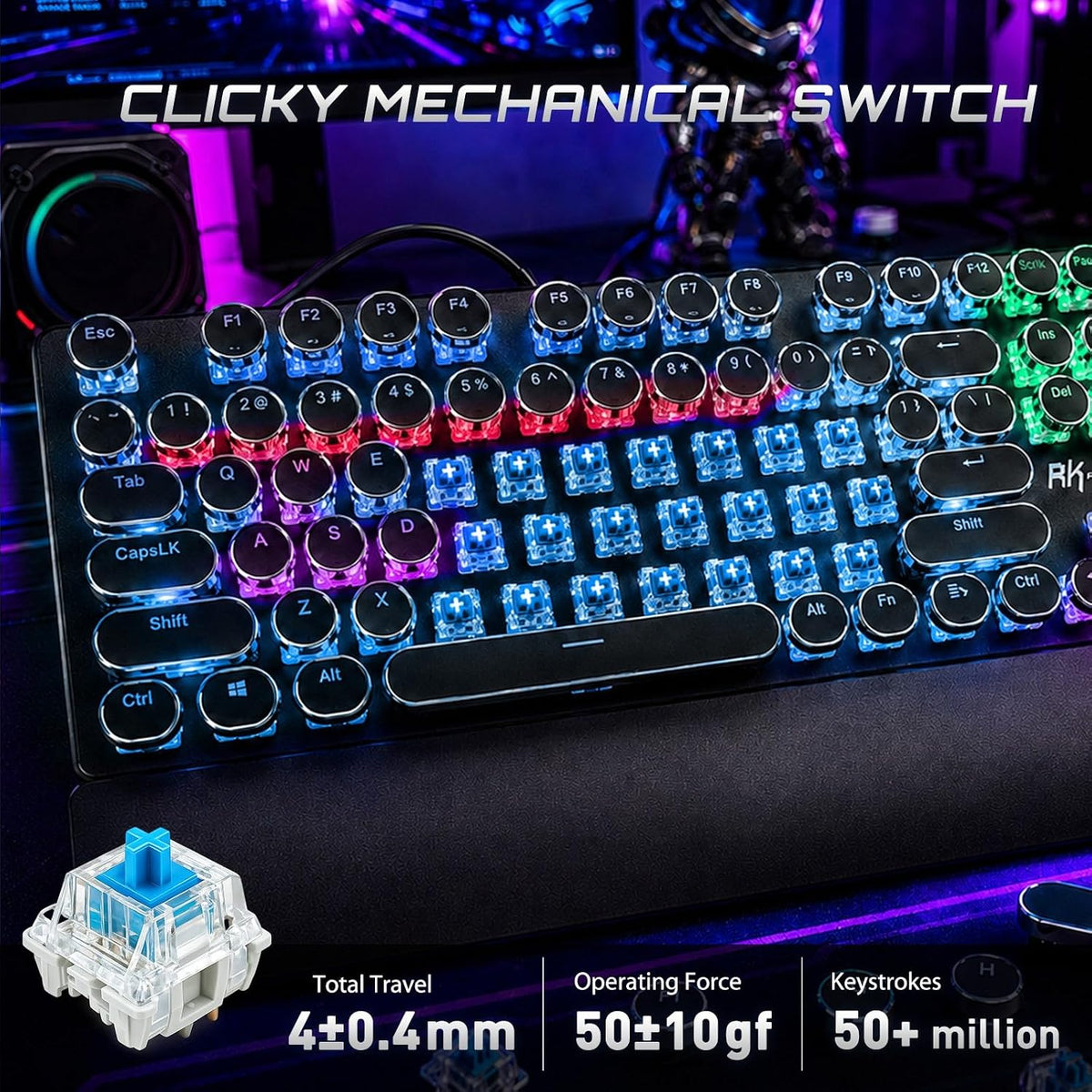RK ROYAL KLUDGE S108 Typewriter Mechanical Keyboard, Wired Gaming Keyboard wi...