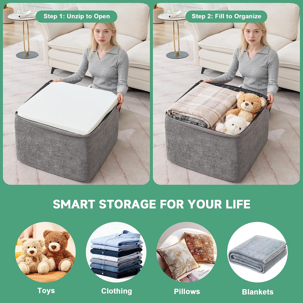 23.6'' square pouf boneless ottoman foot rest with, front angle view