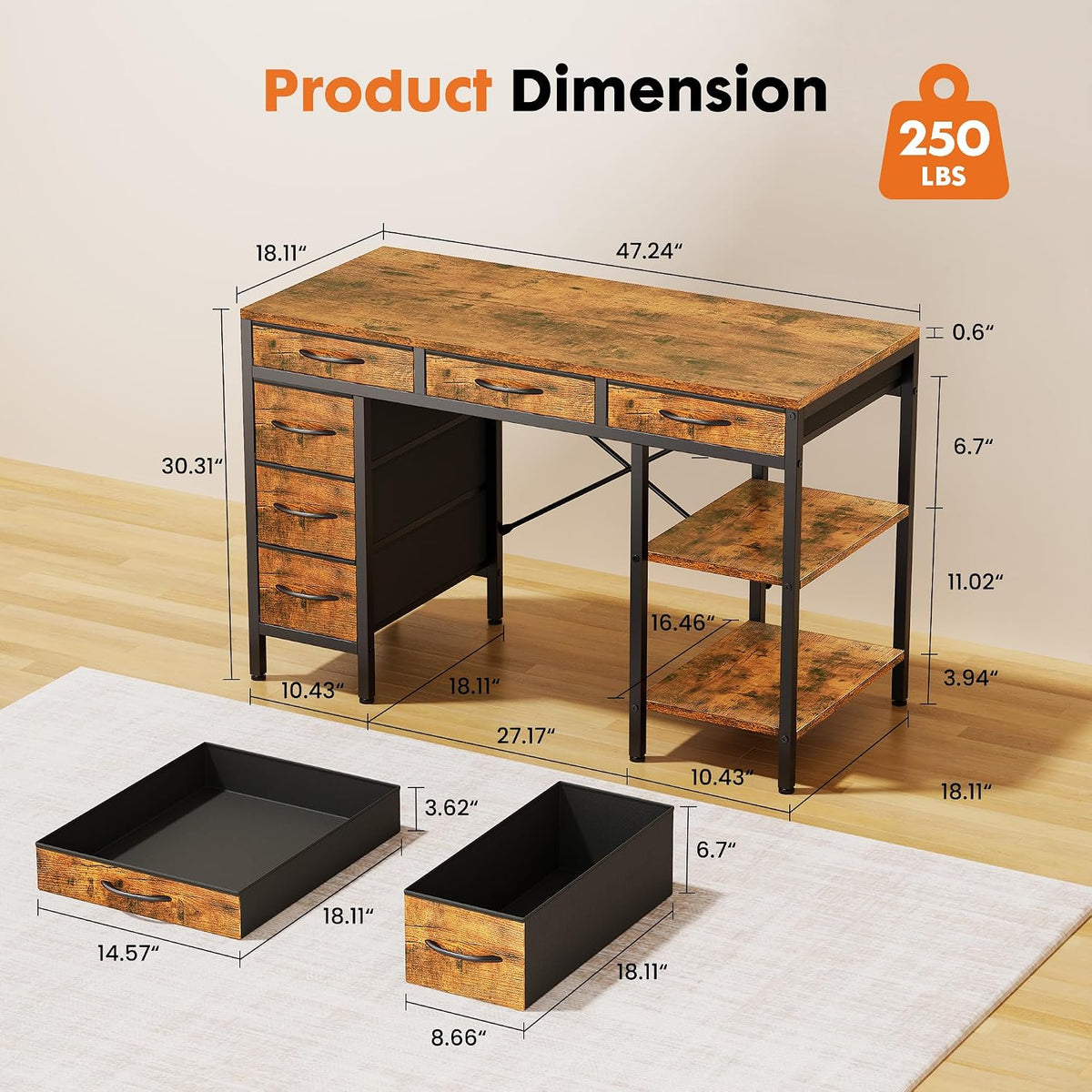 Sweetcrispy 47" Computer Desk with 6 Fabric Drawers & Storage Shelves
