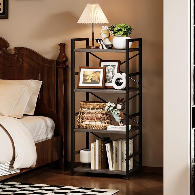 Homeiju Grey Bookshelf, 4 Tier Small Bookcase - Image 4