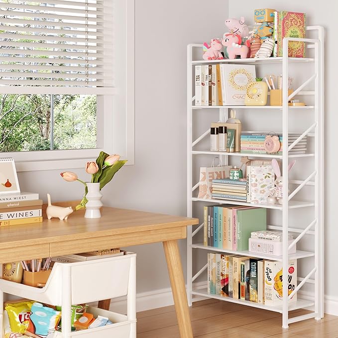 JSB No Assembly Folding Bookshelf, 6 Tier Industrial Metal Book Shelf - Image 2
